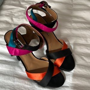 Nicole Miller Strappy Pink Teal Orange Black Color Block Sandal Heels size 8